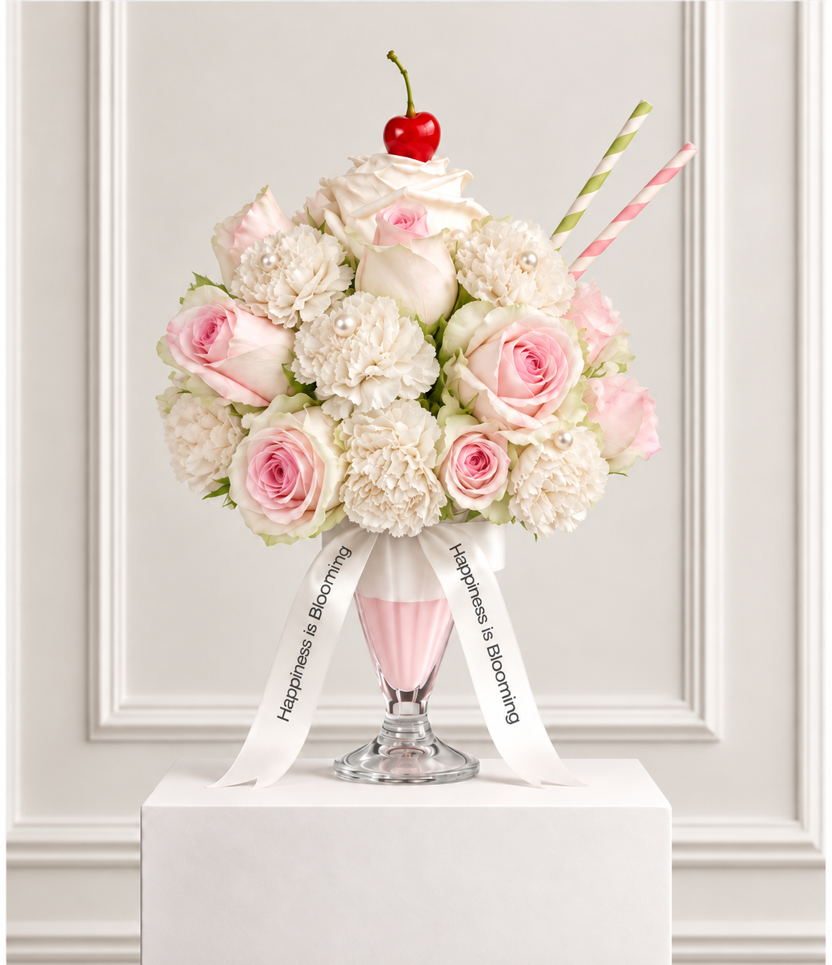 Le Chantilly flower frappé: blush pink roses and ivory carnations with faux pearls in a sundae glass, topped with a white rose whipped cream and a cherry, with pink and green striped straws and Happiness is Blooming ribbons