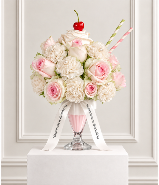 Le Chantilly flower frappé: blush pink roses and ivory carnations with faux pearls in a sundae glass, topped with a white rose whipped cream and a cherry, with pink and green striped straws and Happiness is Blooming ribbons