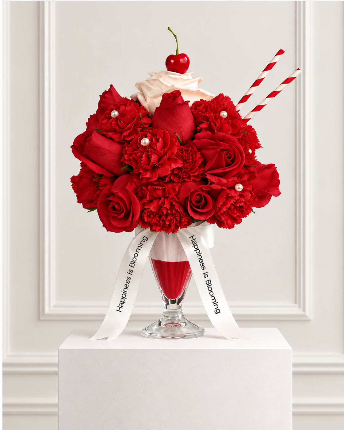 Le Velours Rouge flower frappé: red roses and carnations with faux pearls in a sundae glass, topped with a white rose whipped cream and a cherry, with red striped straws and Happiness is Blooming ribbons